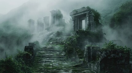 An ancient ruin on a misty mountain, with forgotten temples and overgrown paths. A mysterious fog...