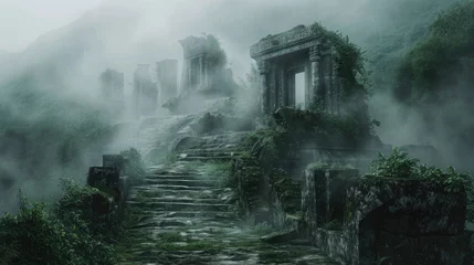 Deurstickers An ancient ruin on a misty mountain, with forgotten temples and overgrown paths. A mysterious fog envelops the scene, creating a sense of mystery and age. Resplendent. © Summit Art Creations