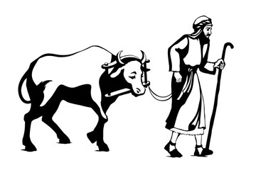 Vector drawing. A man leads an ox