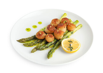 Delicious fried scallops with asparagus, lemon and thyme isolated on white