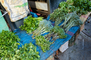 Aromatic herbs, mint, coriander, parsley, salvia on the  stall in the Medina souk, Fez Morocco
