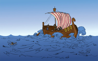 Vector drawing. Sailors on a ship in a storm - 786600711
