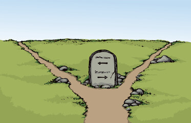 Vector drawing. Stone with an inscription on the crossroads - 786600734