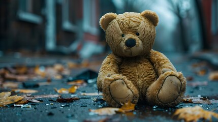 Abandoned Teddy Bear on a Street - A Quiet Appeal for Safety. Concept Abandoned Toys, Street Signals, Safety Awareness, Urban Landscapes, Unexpected Encounters - obrazy, fototapety, plakaty