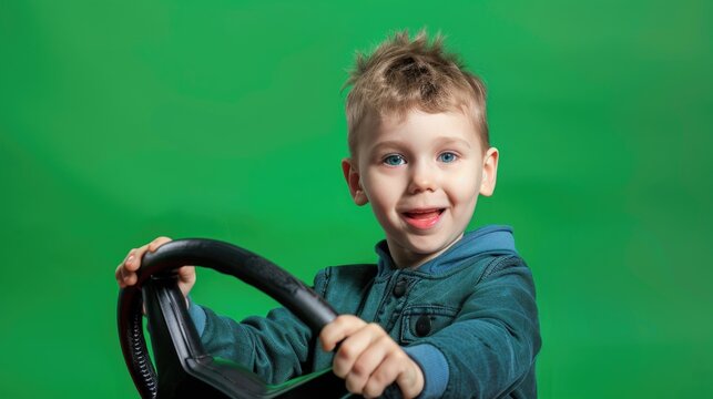 A cheerful young boy holding a steering wheel, suitable for various projects and designs