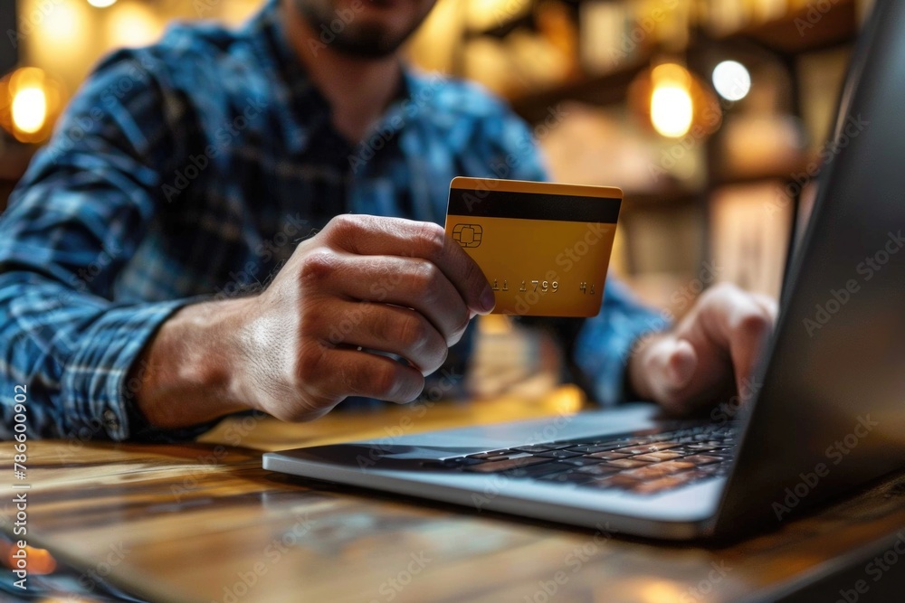 Poster Man holding a credit card while using a laptop. Suitable for finance and online shopping concepts
