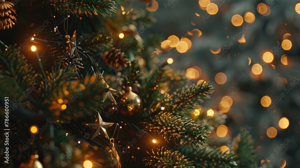 Poster close up view of a christmas tree with twinkling lights in the background. perfect for holiday seaso