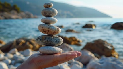 A person holding a stack of rocks near a body of water. Ideal for nature and outdoor-themed designs