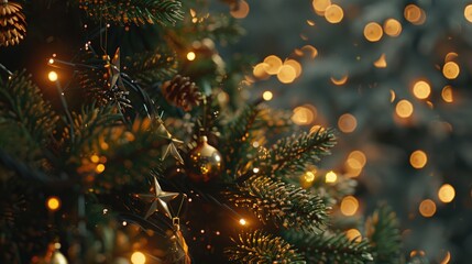 Close up view of a Christmas tree with twinkling lights in the background. Perfect for holiday season concepts