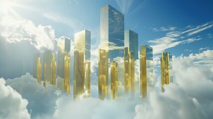 golden city in the clouds golden lights - obrazy, fototapety, plakaty