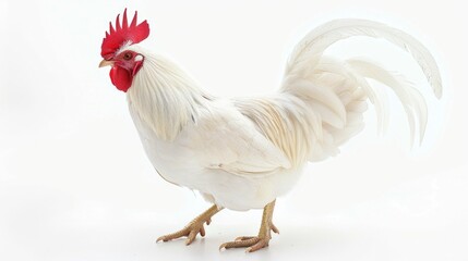 A white rooster with a red comb on its head. Suitable for farm and animal themed designs