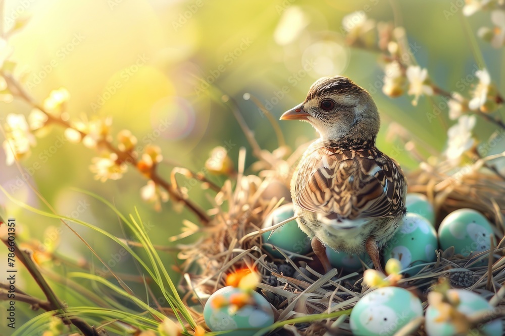 Poster a bird perched on a nest full of eggs. suitable for nature and wildlife themes