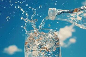 Fresh water pouring into a glass, suitable for hydration concept - obrazy, fototapety, plakaty