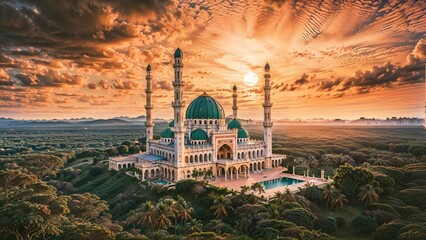 Mosque in the middle of a green meadow at sunset. - obrazy, fototapety, plakaty