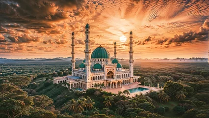 Foto op Canvas Mosque in the middle of a green meadow at sunset. © woollyfoor
