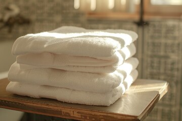 Neat stack of white towels on wooden table, ideal for spa or hotel concept