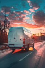 Obraz premium A van driving down a highway at sunset. Perfect for travel or transportation concepts