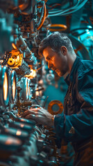 A Marine Engineer Troubleshooting and resolving technical issues related to marine machinery, propulsion systems, and onboard equipment, realistic people photography