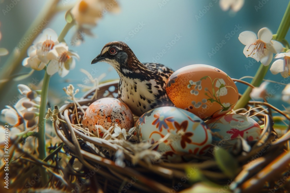 Poster a bird sitting in a nest with eggs, suitable for nature and wildlife concepts