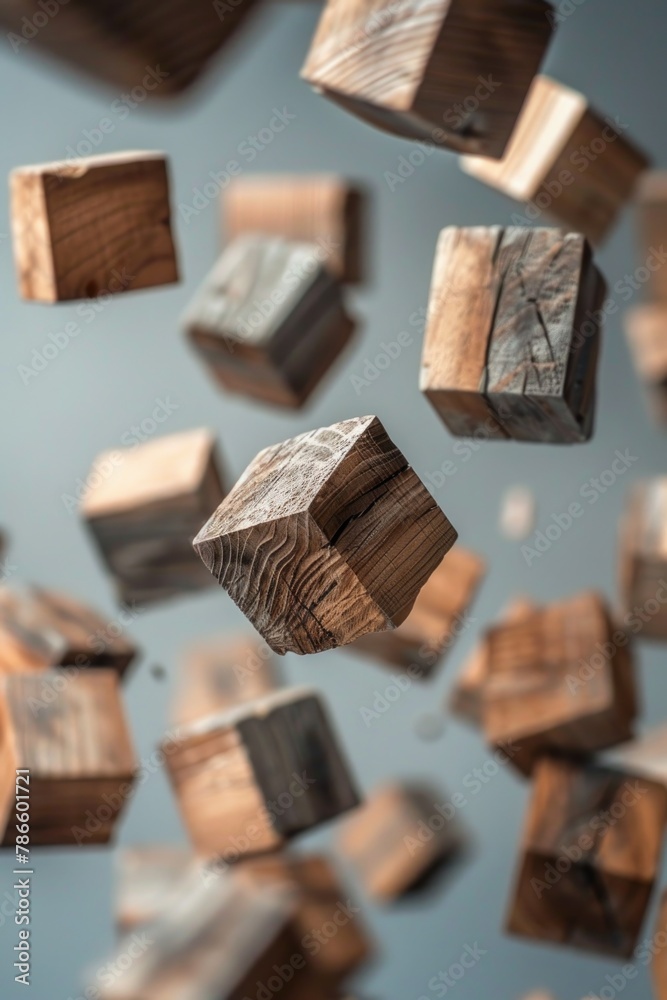 Poster a unique image of wooden cubes floating in the air. perfect for creative designs