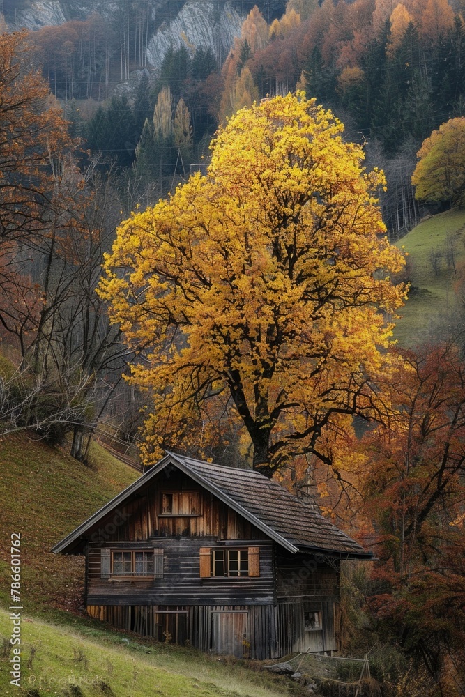 Poster a rustic old wooden cabin with a tree in the foreground. ideal for rustic and nature-themed designs