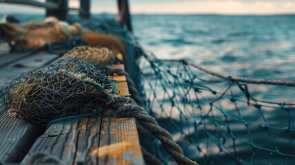 Close up of a fishing net on a boat, suitable for fishing and marine concepts - obrazy, fototapety, plakaty