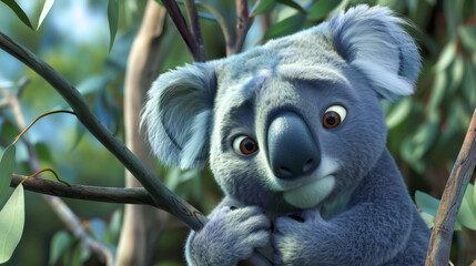A cartoon koala is sitting on a tree branch