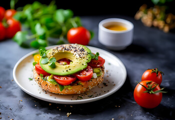 Breakfast bagel with fresh avocado and tomatoes on white plate
