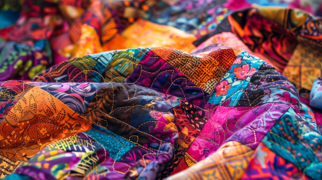 A colorful quilt with many different patterns and colors