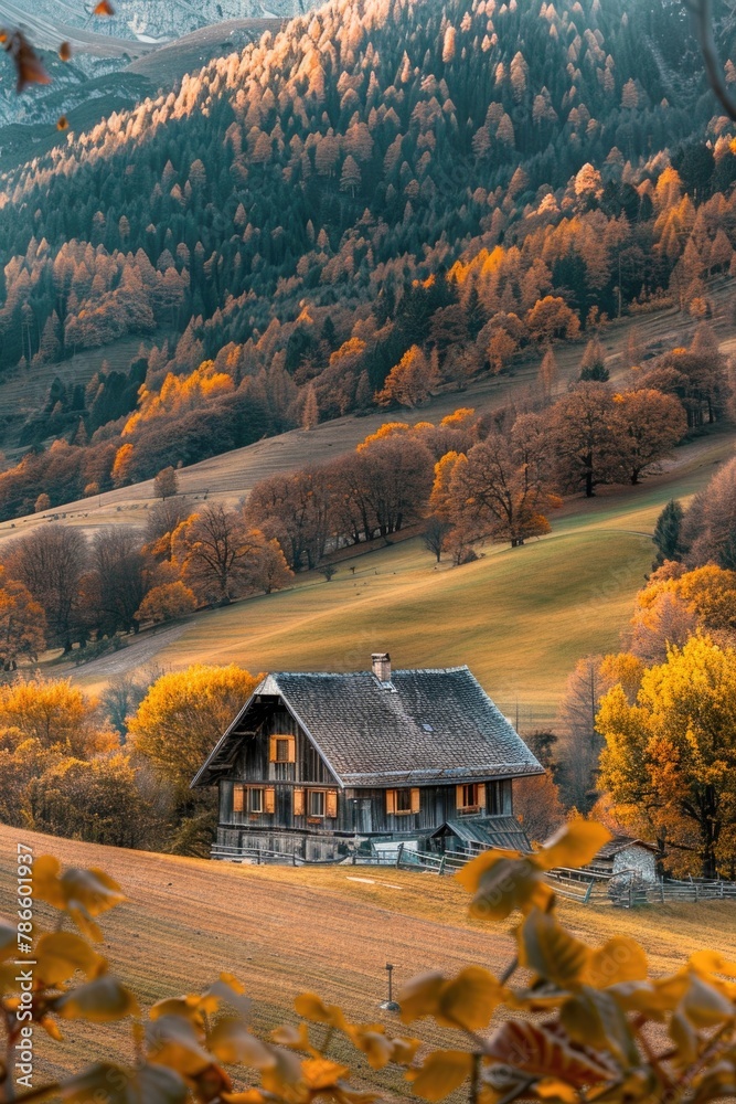 Poster a house in a field with a mountain in the background. suitable for real estate or nature concepts