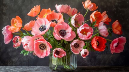   A vase, filled with pink and orange blooms, sits atop a table Nearby, a gray wall contrasts against the black backdrop