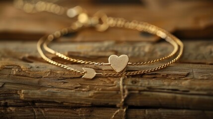 Arrow and heart shape modern golden bracelets on folded paper