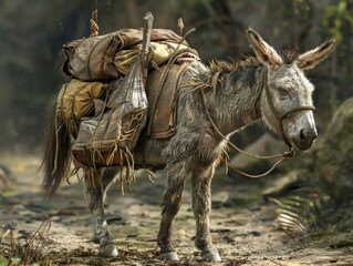 A donkey is carrying a load of bags on its back