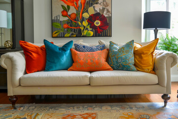 A couch is covered in pillows of various colors, including blue, orange