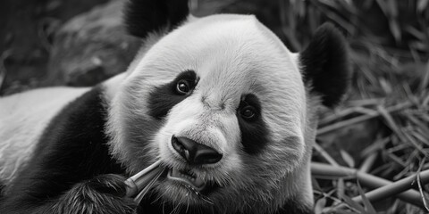 A black and white photo of a panda bear. Suitable for nature and wildlife concepts
