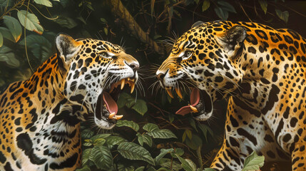 Two jaguars are fighting in a jungle