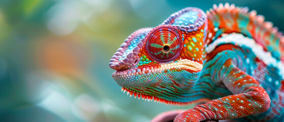 Fototapeta premium A close-up of a colorful chameleon blending into its surroundings, wildlife phtography