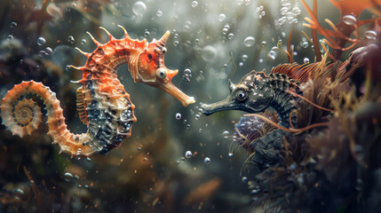 Two sea creatures, one of which is a seahorse, are swimming in the ocean - obrazy, fototapety, plakaty