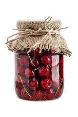 A jar filled with cherries on a white surface, perfect for food and beverage themes