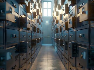maze of secret-filled filing cabinets in office settinggrey tones