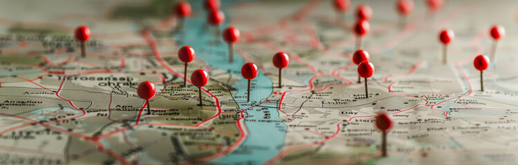 City map with red pins on it indicating city routes and destinations. 