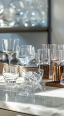 A table with many glasses and a bowl of ice