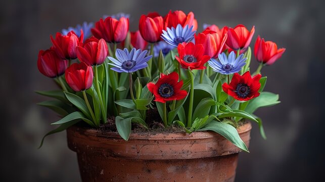   A tight shot of a pot brimming with red, blue, and purple tulips