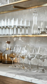 A bar with a variety of glasses and bottles on a shelf