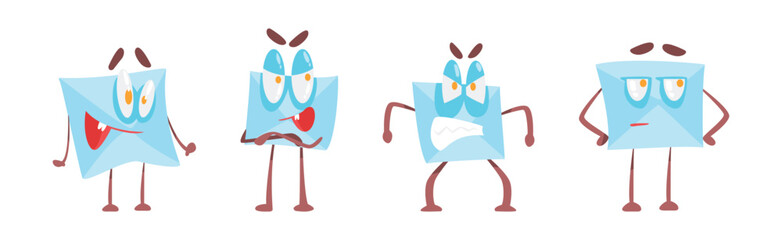 Funny Blue Envelope Character with Face with Different Gesture and Emotion Vector Set