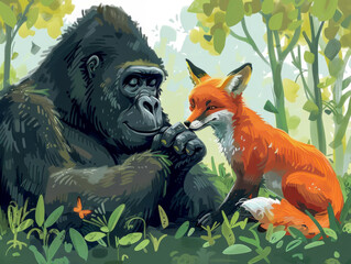 A drawing of a gorilla and a fox