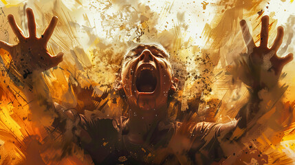A woman is screaming in a fiery explosion - obrazy, fototapety, plakaty