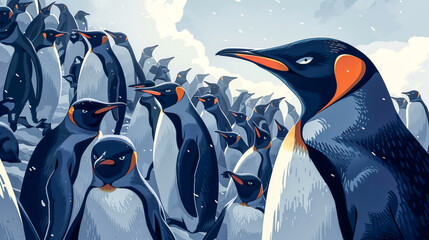 A group of penguins are standing in a line