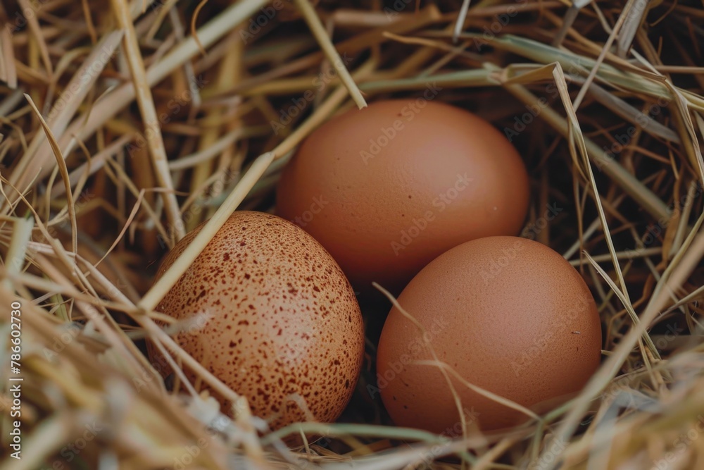 Poster three brown eggs in a nest of hay. suitable for farm or agriculture concepts