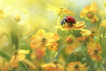 Naklejka premium A ladybug perched on a vibrant yellow flower. Ideal for nature and garden concepts